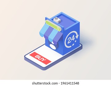 Shop 24h and smartphone isometric. Business, e-commerce. Smartphone mockup. Vector illustration. EPS 10