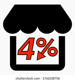 Shop 4% discount. The store building and the percentage discount is red. Price drop. Sale at the supermarket. Vector icon