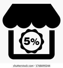 Shop 5% discount. The store building and the percentage discount. Price drop. Sale at the supermarket. Vector icon