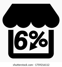 Shop 6% discount black. Store building and percentage discount. Price drop. Sale at the supermarket. Vector icon