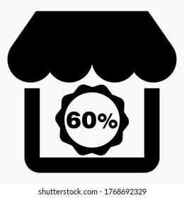 Shop 60% discount. The store building and the percentage discount. Price drop. Sale at the supermarket. Vector icon