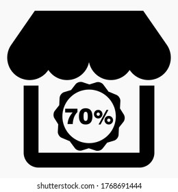 Shop 70% discount. The store building and the percentage discount. Price drop. Sale at the supermarket. Vector icon