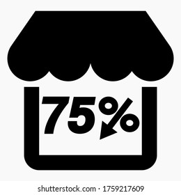 Shop 75% discount black. Store building and percentage discount. Price drop. Sale at the supermarket. Vector icon