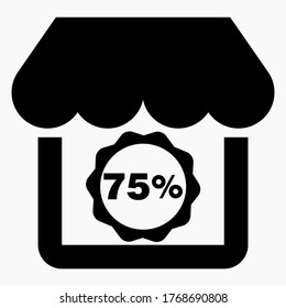 Shop 75% discount. The store building and the percentage discount. Price drop. Sale at the supermarket. Vector icon