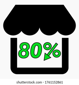 Shop 80% discount. Shop building and percentage discount green. Price drop. Sale at the supermarket. Vector icon