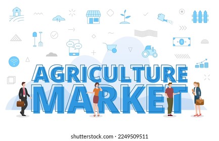 shop agriculture concept with big words and people surrounded by related icon with blue color style
