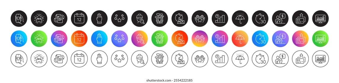 Shop app, Graph chart and Annual calendar line icons. Round icon gradient buttons. Pack of Inspect, New star, Fast delivery icon. Card, Voting campaign, Waterproof umbrella pictogram. Vector