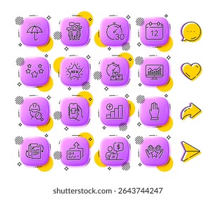 App de la tienda, gráfico e iconos de línea de calendario anual. App 3D Botones. Los medios sociales comentan, comparten, les gustan los iconos. Paquete de Inspect, estrella Nueva, icono de entrega rápida. Vector