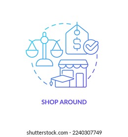 Ver alrededor del icono de concepto de degradado azul. Elegir financiación para la educación. Guardando para el consejo universitario la idea abstracta de la ilustración de línea delgada. Dibujo de contorno aislado. Se usa una fuente Myriad Pro-Bold