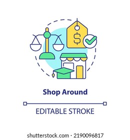 Shop around concept icon. Finance for education. Saving for college tip abstract idea thin line illustration. Isolated outline drawing. Editable stroke. Arial, Myriad Pro-Bold fonts used