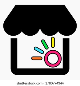 Laden und Pfeile mit einem Kreis. Verkaufsanalyse. E-Commerce. Warenaustausch. Vektorsymbol.