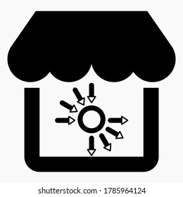 Shop and arrows with a circle. Sales analysis. E-commerce. Exchange of goods. Vector icon.