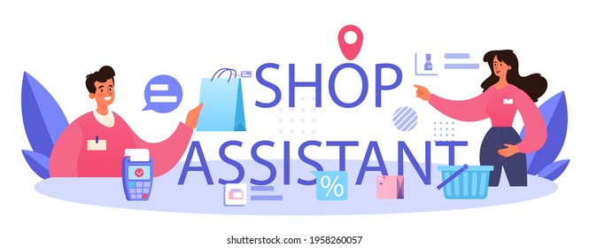 Shop assistance typographic header. Professional seller in the supermarket
