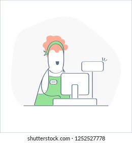 Shop assistant, cashier standing at checkout in supermarket uniform. Isolated commerce vector illustration on white.