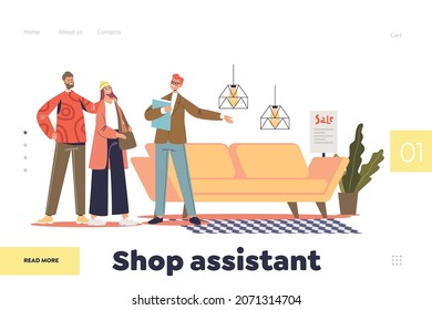 Shop assistant concept of landing page with seller helping couple to choose furniture for home. Retail store with help of professional assistant or interior designer. Cartoon flat vector illustration