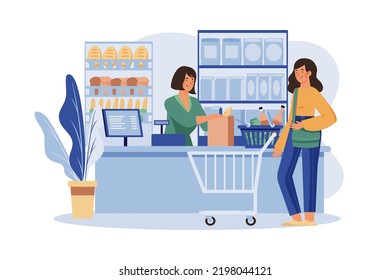 Shop Assistant Handling Shopping Bag to Female Customer in Grocery Store