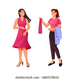 Shop assistant helping woman trying on dress. Young girl in dress, consultant bringing clothes. Modern boutique vector illustration.