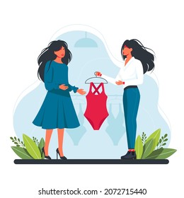 Shop Assistant Helps The Buyer To Choose Swimsuit, Dress. Consultant Gives A Woman Swimsuit To Try On. Shopping, Buying Trendy Fashion Clothes. Vector Illustration. Shopping Assistant Helps The Buyer