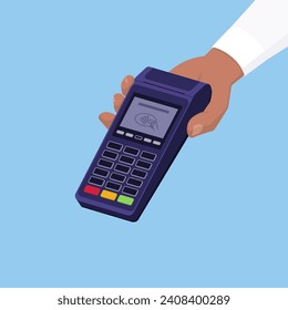 Asistente de compras con terminal POS, pagos sin efectivo y concepto de venta al por menor