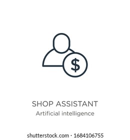 Symbol für Assistenten kaufen. Dünne Umrisssymbol eines linearen Ladenassistenten einzeln auf weißem Hintergrund aus der Sammlung künstlicher Intelligenz. Vektorillustration der Linie, Symbol für Web und Mobilfunk