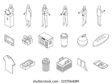 Shop assistant icons set. Isometric set of shop assistant vector icons outline on white thin line collection