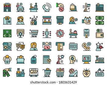 Shop assistant icons set. Outline set of shop assistant vector icons thin line color flat on white