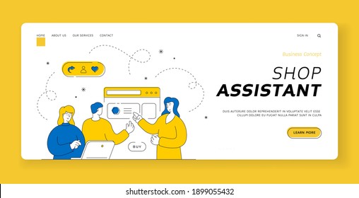 Shop assistant landing page banner template. Man and woman browsing website on laptop and choosing goods with help of female assistant while using services of online shop. Flat line style illustration