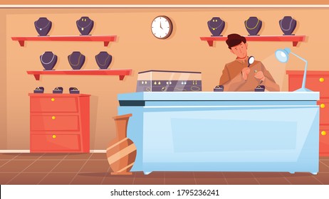 Shop assistant looking at ring through magnifying glass at jewelry shop flat vector illustration