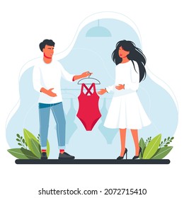 ayudante de tienda ayuda al comprador a elegir traje de baño, vestido. consultor le da a una mujer traje de baño para que lo intente. Comprando ropa de moda. Vector. asistente del vendedor ayuda al comprador