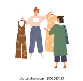 Shop assistant offering choice of trendy fashion clothes to buyer. Woman choosing and buying stylish garment during shopping. Seller and shopper. Flat vector illustration isolated on white background