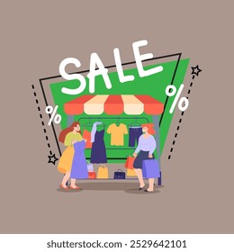 Shop assistant offering dress to female buyer on sale vector illustration. Cartoon character buying clothes in outdoor shop. Shopping, sale, street market, fashion concept for banner or web design