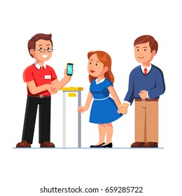 Shop assistant showing smartphone it in hand to customers man & woman. Family couple buying new cell phone at electronics store. Retail business. Flat style vector illustration isolated on white.