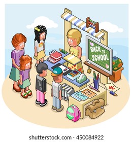 Shop assistant at stationary stand selling books, bags, pens, memo pads and other stationary items to kids, stand decorated with chalkboard with back to school lettering (isometric illustration)