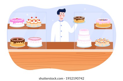 Shop assistant working and selling fresh cakes. Family business concept. Flat modern cartoon vector illustration design. Simple art isolated on white background.