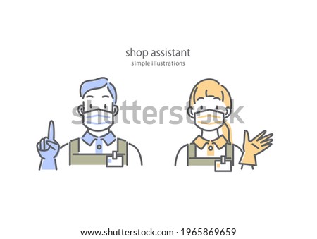 Shop assistants wearing protective items. Simple line art illustrations