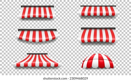 Shop awning, red roof canopy, stripe tent for market, store or restaurant different shapes, vintage sunshade front. Building exterior 3d isolated elements. Vector realistic illustration svg