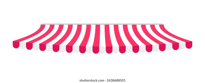 Shop awning for shadow. Striped store canopy. Market tent with red and white stripes isolated on white background. Cafe sunshade. Storefront interior element. Kiosk umbrella. Vector illustration.