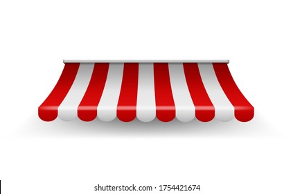 Shop awning. Shopping striped tent for market grocery or restaurant, vector realistic red store sunshade roof