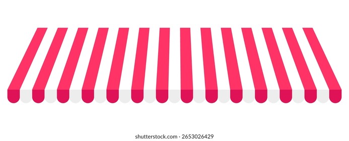 Shop awning. Striped marketplace canopy. Grocery booth marquee design. Market tent with red and white stripes isolated on white background. Cafe sunshade mockup. Kiosk umbrella. Vector illustration.