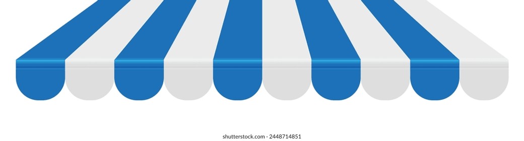 Shop awning tent. Cafe sunshade, store canopy, striped roof with blue and white stripes. 3D realistic vector illustration isolated on white.