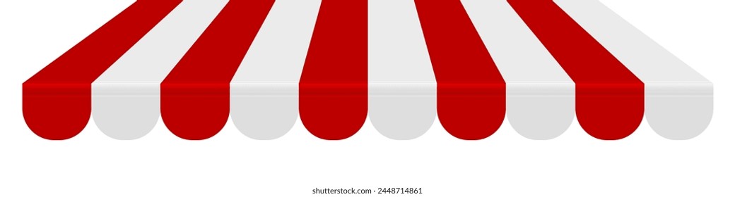 Shop awning tent. Cafe sunshade, store canopy, striped roof with red and white stripes. 3D realistic vector illustration isolated on white.