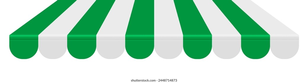 Shop awning tent. Cafe sunshade, store canopy, striped roof with green and white stripes. 3D realistic vector illustration isolated on white.