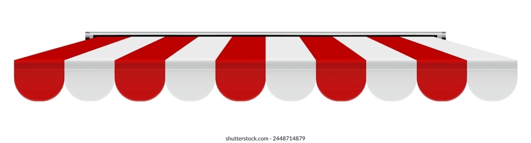 Shop awning tent. Cafe sunshade, store canopy, striped roof with red and white stripes. 3D realistic vector illustration isolated on white.