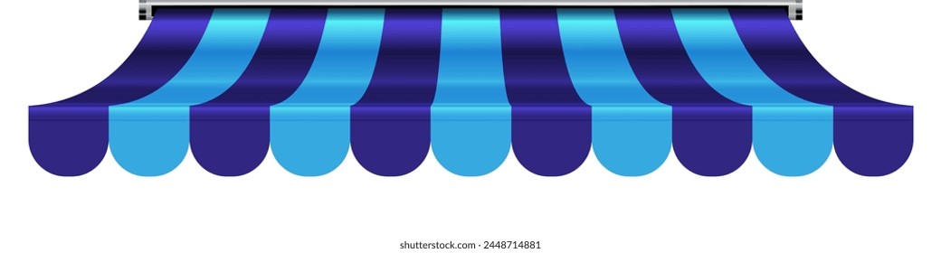 Shop awning tent. Cafe sunshade, store canopy, striped roof with blue and violet stripes. 3D realistic vector illustration isolated on white.