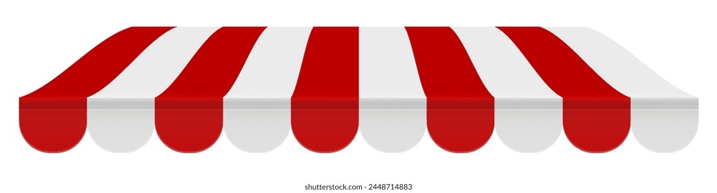 Shop awning tent. Cafe sunshade, store canopy, striped roof with red and white stripes. 3D realistic vector illustration isolated on white.