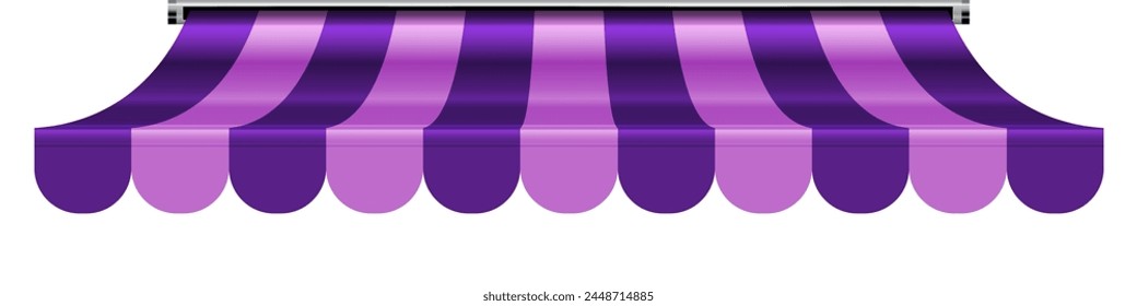 Shop awning tent. Cafe sunshade, store canopy, striped roof with pink and purple stripes. 3D realistic vector illustration isolated on white.