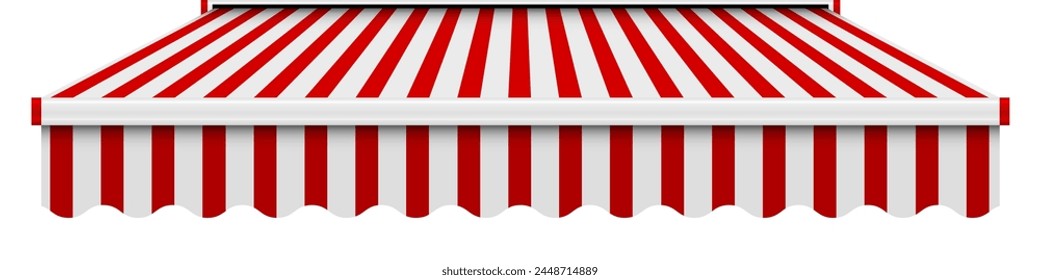 Shop awning tent. Cafe sunshade, store canopy, striped roof with red and white stripes. 3D realistic vector illustration isolated on white.