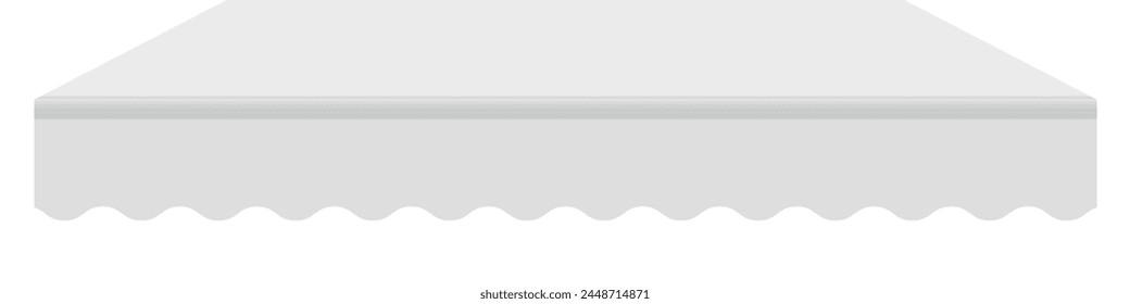 Shop awning tent with wavy edge. Cafe sunshade, store canopy, pure blank white straight roof. 3D realistic vector illustration isolated on white.