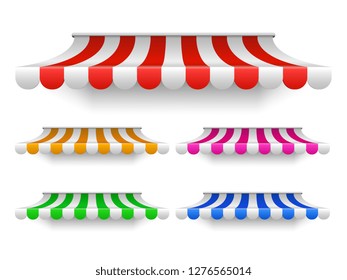 Shop awning tents for window. Outdoor market canopy, vintage store roof