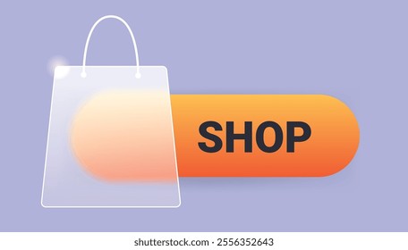 Shop bag button on gray background. Vector glass morphism market pop up notification illustration